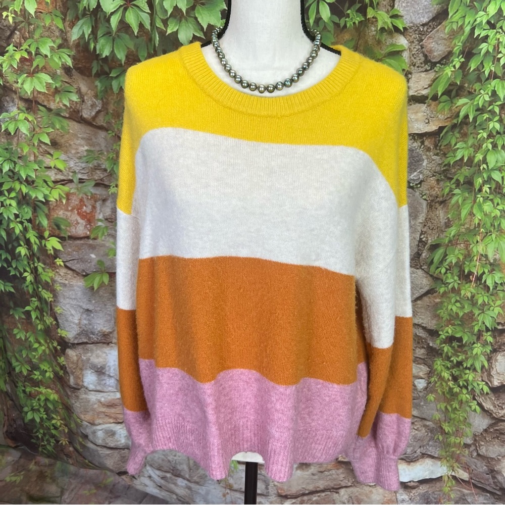 MADEWELL Yellow/Orange Striped Wool Blend Gladwell Balloon Sleeve Sweater, S - Picture 6 of 14